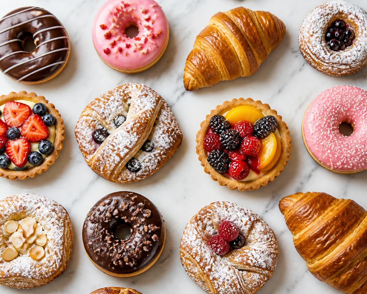 Fresh donuts and croissants for cafe supply